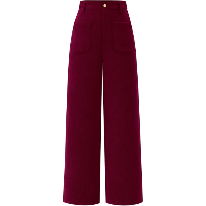 Bordeauxrote Cordhose Damen, weites Bein, hohe Taille, modisch, Herbstmode, bequem.