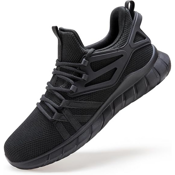 Schwarzer Herren-Laufschuh, atmungsaktives Mesh, rutschfeste Sohle, sportlich, bequem.