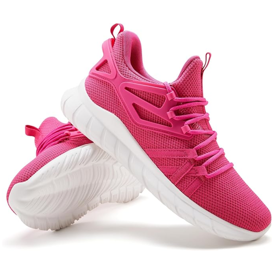 Pinkfarbene Sportschuhe, atmungsaktiv, mit weißer Sohle, ideal für Damen, Fitness und Laufen.