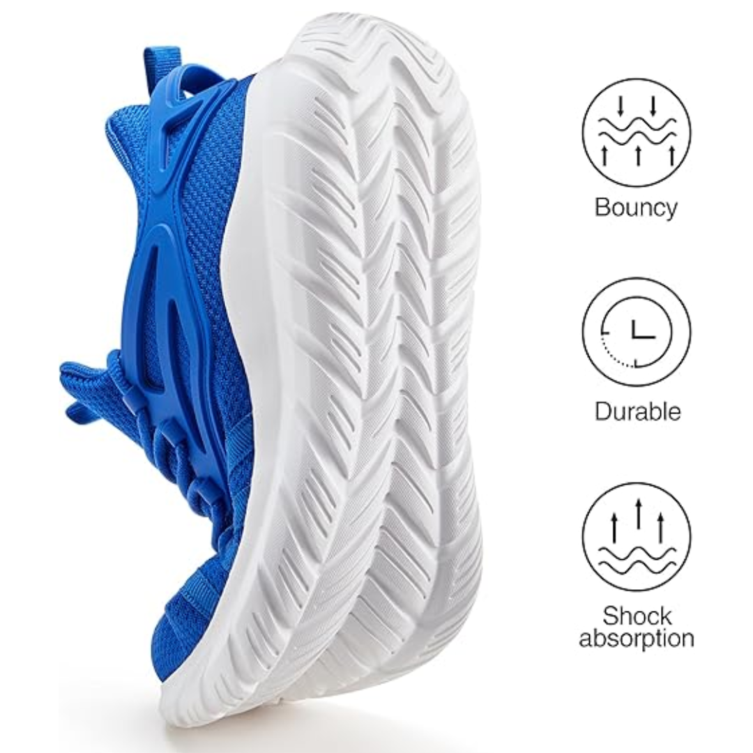 Blaue Sportschuhe mit weißer Sohle, stoßdämpfend, langlebig, ideal für Laufen und Fitness.