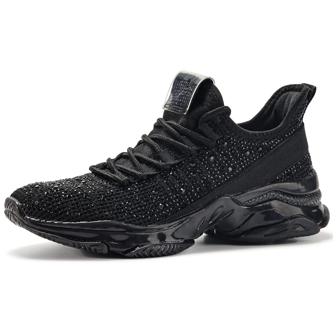 Schwarzer Sneaker mit Strasssteinen, modisch, atmungsaktiv, rutschfeste Sohle, Damen-Herrenschuh.
