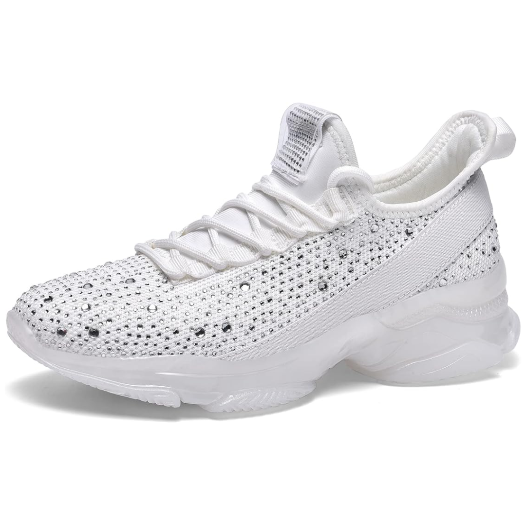 Weiße Damen-Sneaker mit Strasssteinen, modisch, bequem, atmungsaktiv, Freizeit-Sportschuhe.