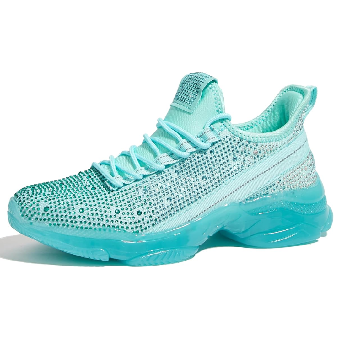 Türkisfarbener Sneaker mit Strasssteinen, modisch, sportlich, Damen, bequeme Turnschuhe.