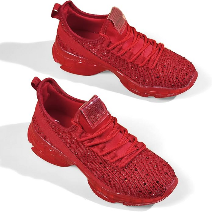 Rote Sneaker mit Strass, atmungsaktiv, modisch, für Damen, ideal für Sport und Freizeit.
