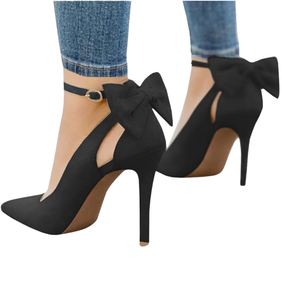 Schwarze High Heels mit Schleife, Damenmode, elegantes Design, Absatzschuhe, Party-Accessoire.
