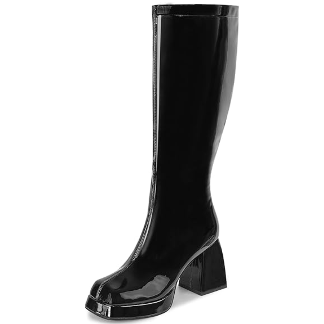 Schwarzer Lackleder-Stiefel mit Blockabsatz, kniehoch, modisch, Damenstiefel.