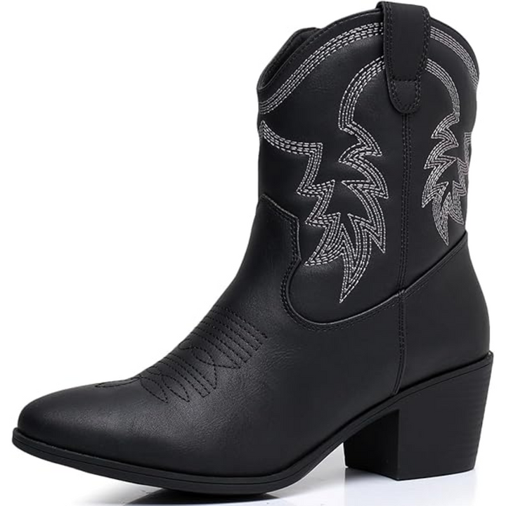 Schwarzer Cowboy-Stiefel aus Leder mit Absatz und Stickerei, Western-Design, Damenmode.