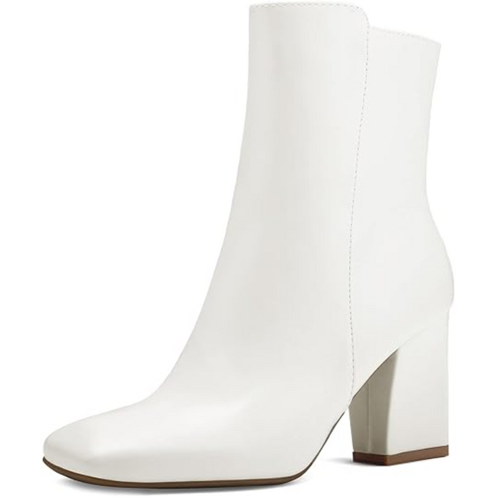 Weiße Damenstiefelette, Leder, Blockabsatz, modisch, elegant, Herbstmode, Schuhtrends.