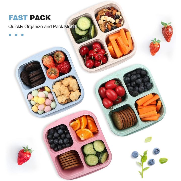Bunte Bento-Boxen aus Kunststoff mit Obst und Snacks, ideal für Mahlzeiten unterwegs.