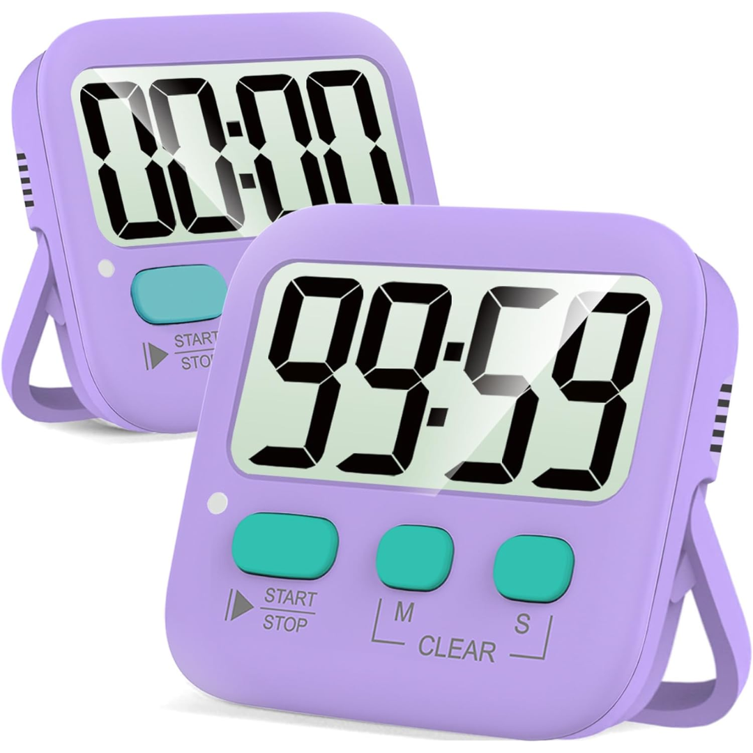 Lila digitaler Küchentimer, großes Display, Countdown-Funktion, batteriebetrieben.
