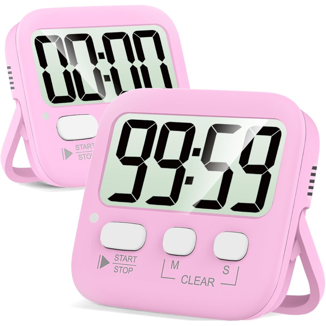 Zwei rosa digitale Küchentimer mit großen LCD-Displays und Ständer.