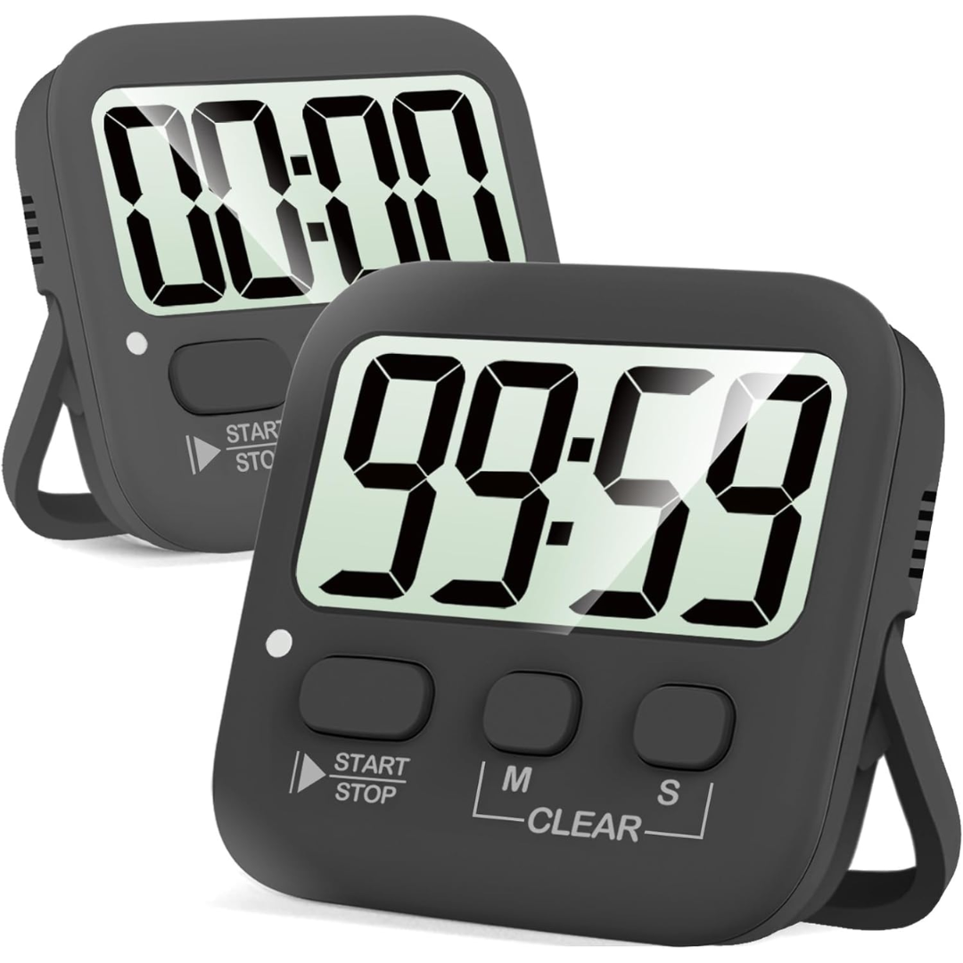 Schwarzer digitaler Küchentimer mit großem Display und Ständer, ideal zum Kochen und Backen.