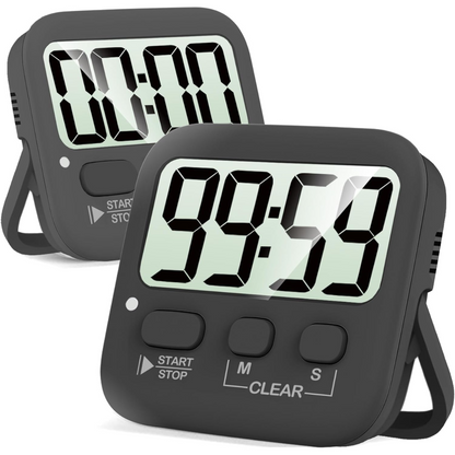 Schwarzer digitaler Küchentimer mit großem Display und Ständer, ideal zum Kochen und Backen.