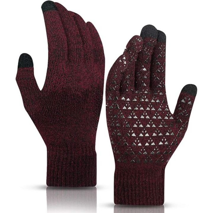 Bordeauxfarbene Touchscreen-Handschuhe, gestrickt, rutschfest, für Winter, Smartphone-kompatibel.