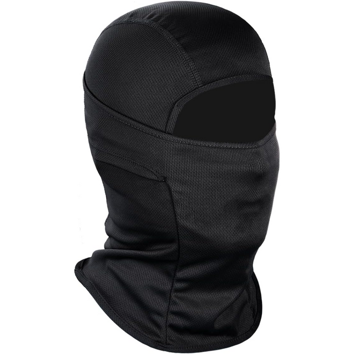 Schwarze Sturmhaube aus Polyester, winddicht, ideal für Motorradfahren und Wintersport.