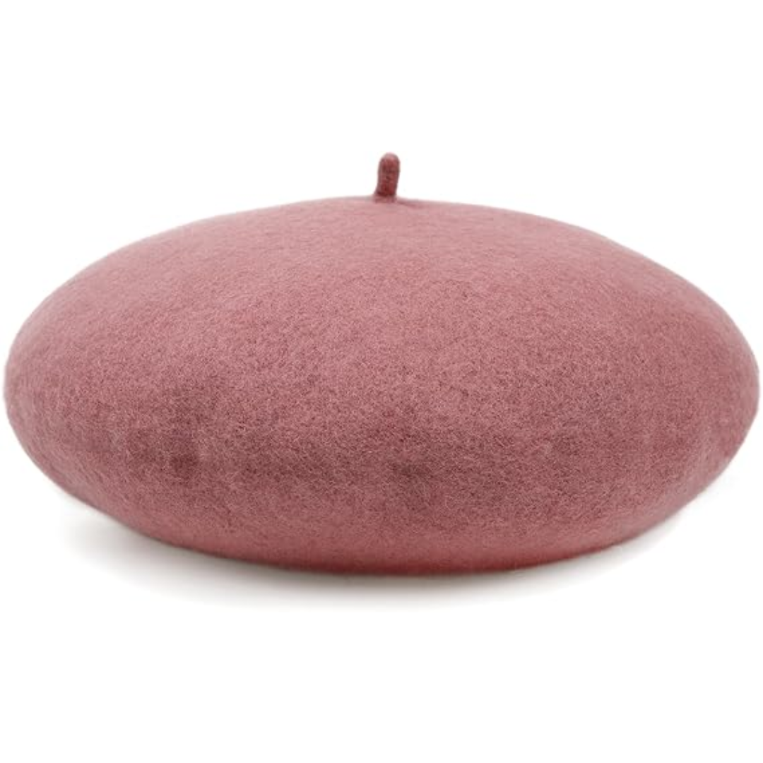 Rosa Woll-Baskenmütze, klassisches Design, modisches Accessoire, Herbstmode.
