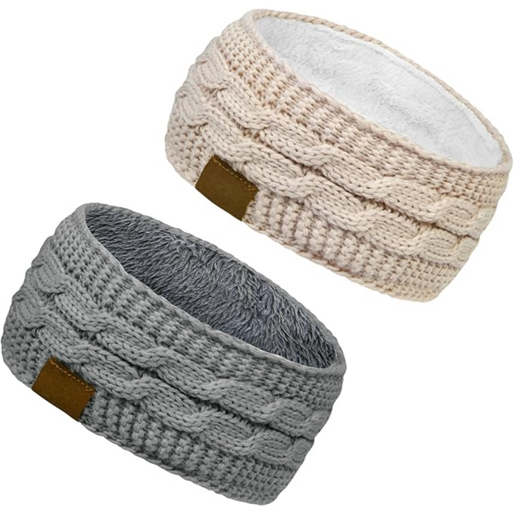 Zwei gestrickte Stirnbänder, beige und grau, mit Fleece-Futter, ideal für Wintermode.