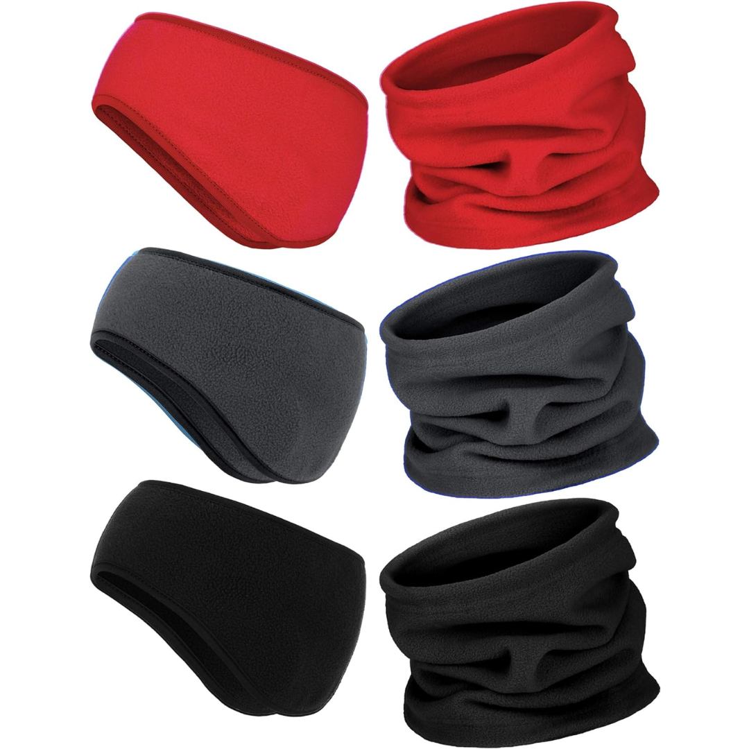 Rote, graue, schwarze Fleece-Stirnbänder und Schlauchschals, warm, wintertauglich.