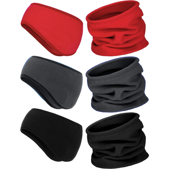 Rote, graue, schwarze Fleece-Stirnbänder und Schlauchschals, warm, wintertauglich.