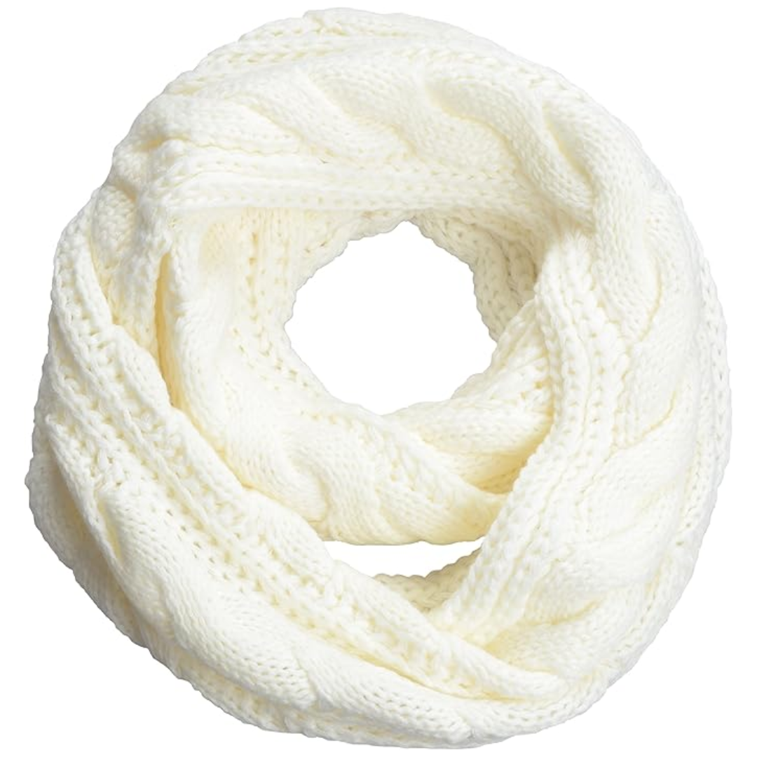 Weiße Strickschlaufe Schal, Zopfmuster, warm, Winteraccessoire, Damenmode, weiches Material.