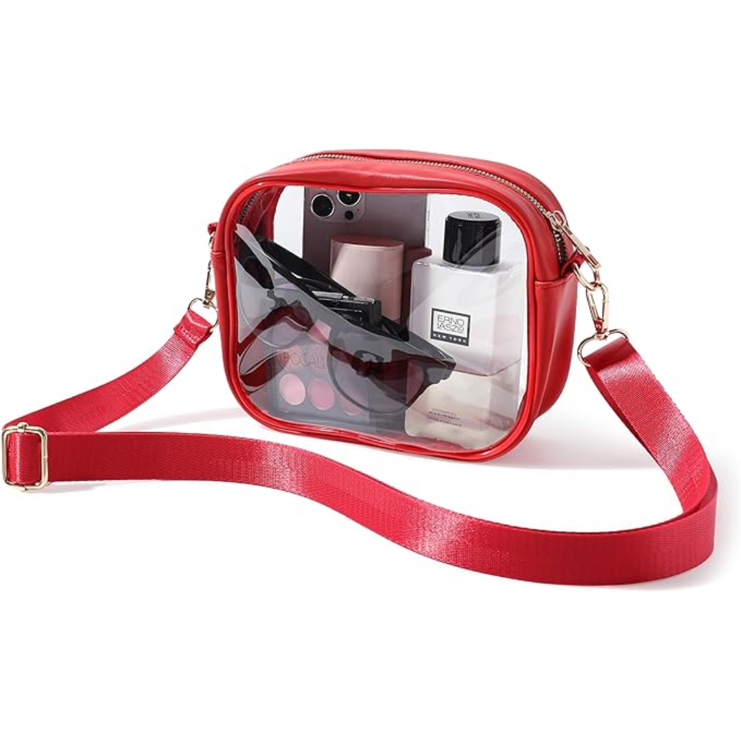 Rote transparente Umhängetasche, Kosmetikaufbewahrung, PVC, verstellbarer Gurt, modisch.