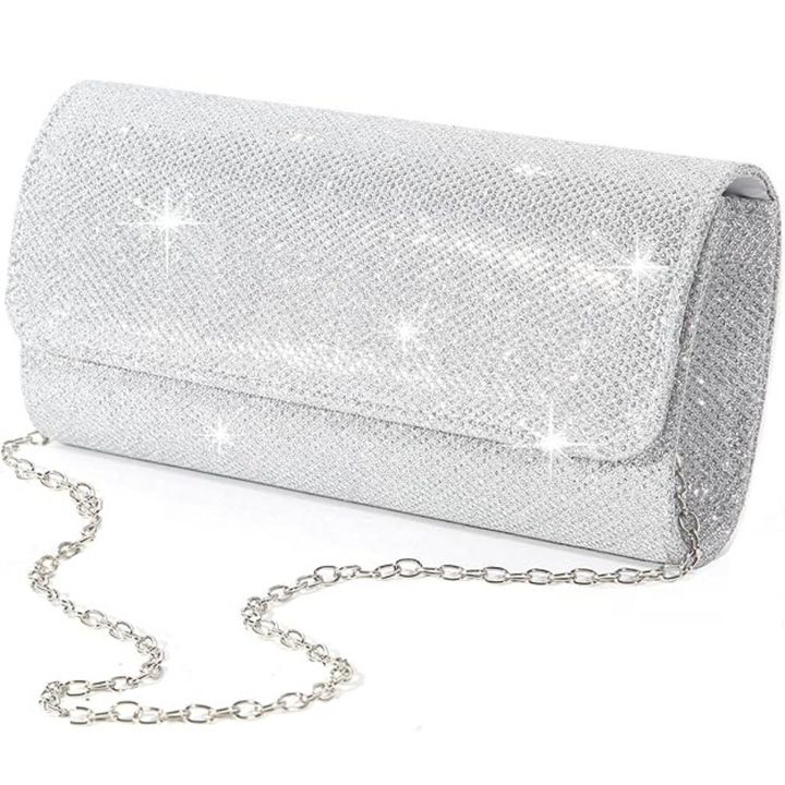 Silberne Glitzer-Clutch mit Kettenträger, elegantes Abendtasche-Design für Damen.