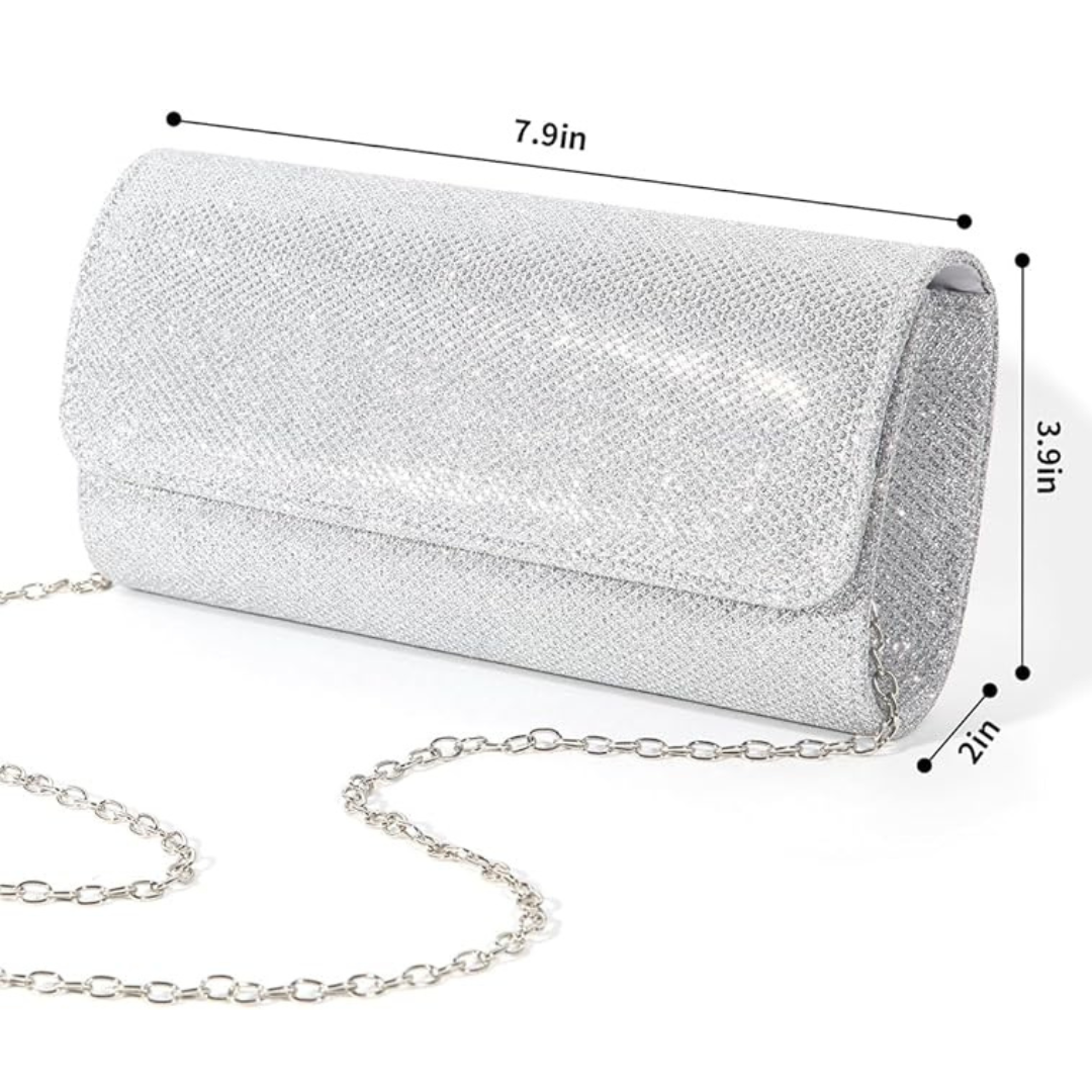 Silberne Glitzer-Clutch mit Kette, 20 cm, elegant, Abendtasche, Damenmode, Accessoire.