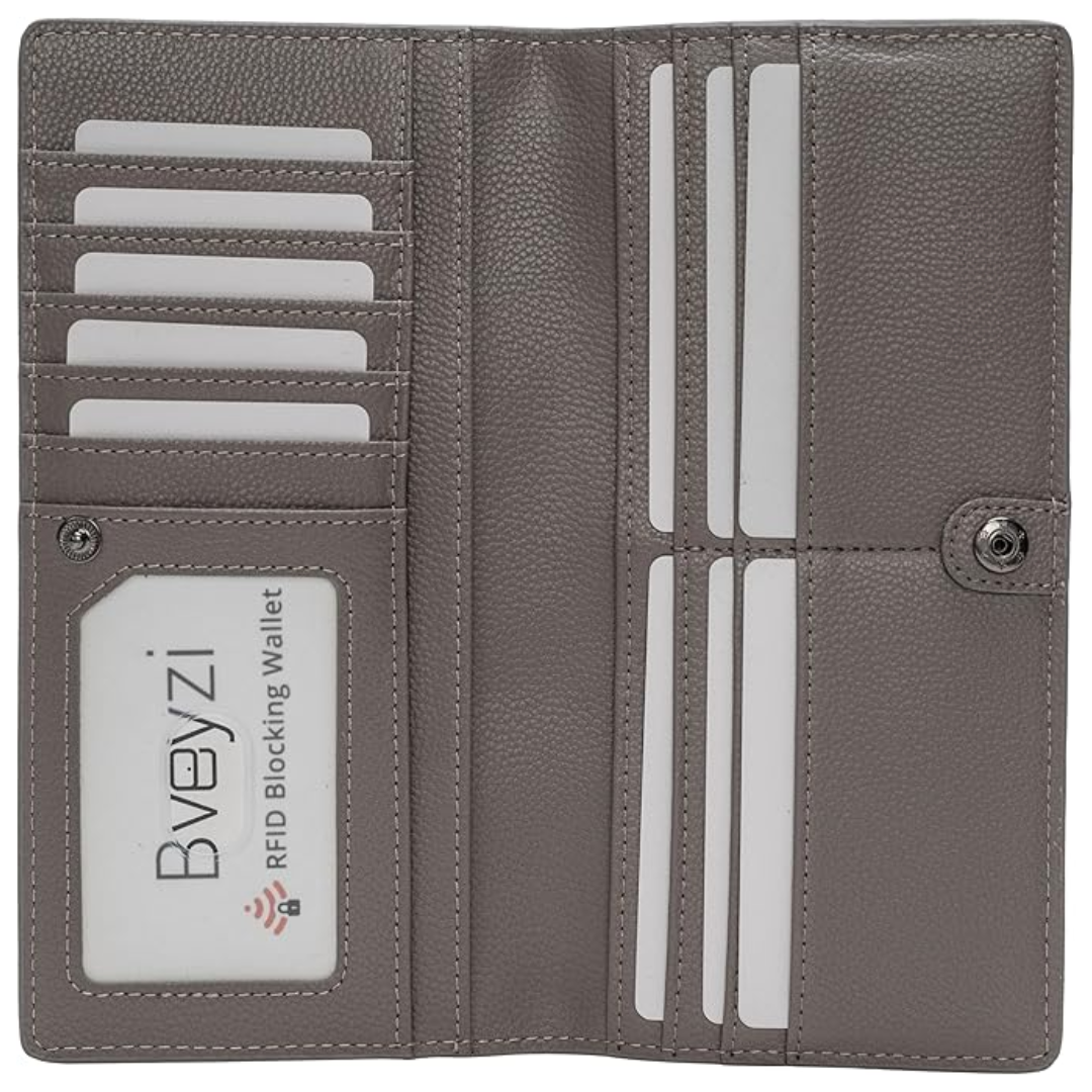Graue RFID-blockierende Damen-Geldbörse aus Leder mit Kartenfächern und Druckknopfverschluss.