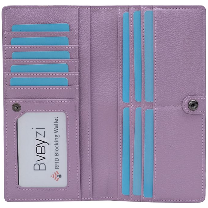 Lila Damen-Geldbörse aus Leder mit RFID-Schutz, viele Kartenfächer, elegant und praktisch.