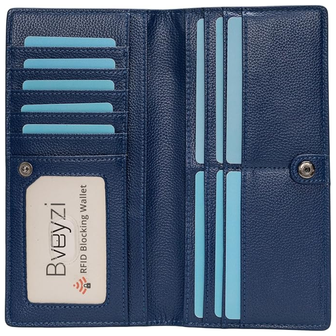 Blaue RFID-blockierende Geldbörse aus Leder mit Kartenfächern und Druckknopfverschluss.