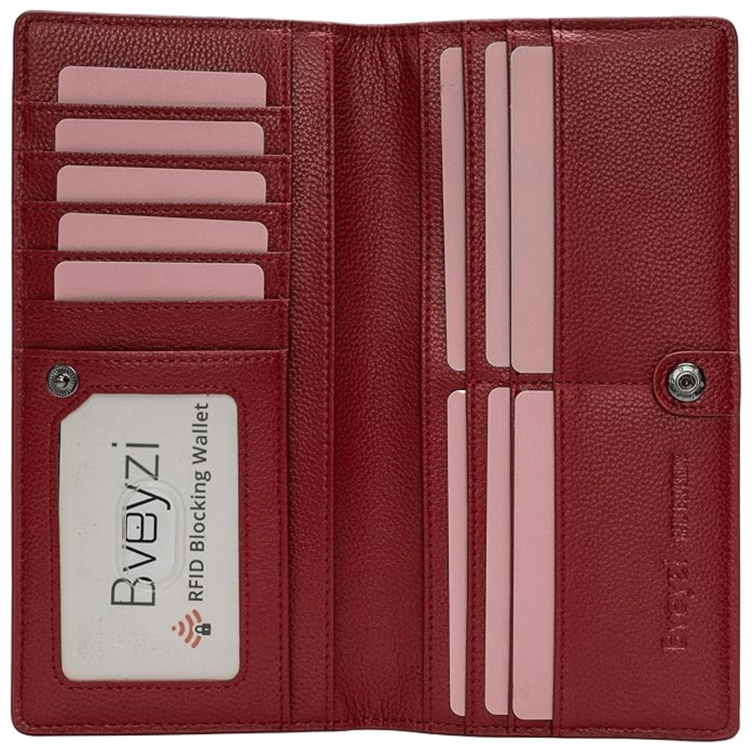 Rote Damen-Geldbörse aus Leder mit RFID-Schutz, viele Kartenfächer, elegant und praktisch.