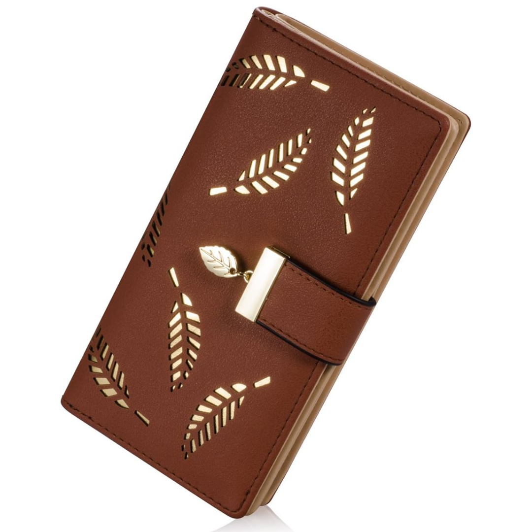 Braune Damen-Geldbörse aus Leder mit Blattmuster, modisches Design, Kartenfächer.