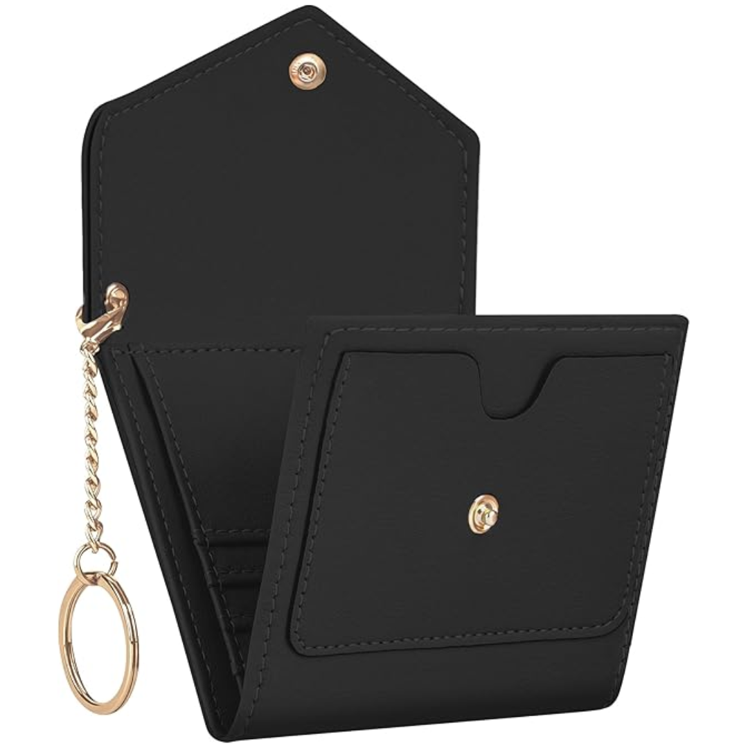 Schwarze Leder-Geldbörse mit Kettenanhänger, elegantes Design, Damen-Accessoire.