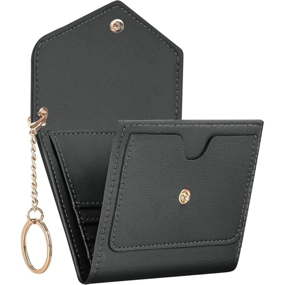 Schwarze Leder-Geldbörse mit Schlüsselanhänger, kompakt, stilvoll, für Damen und Herren.