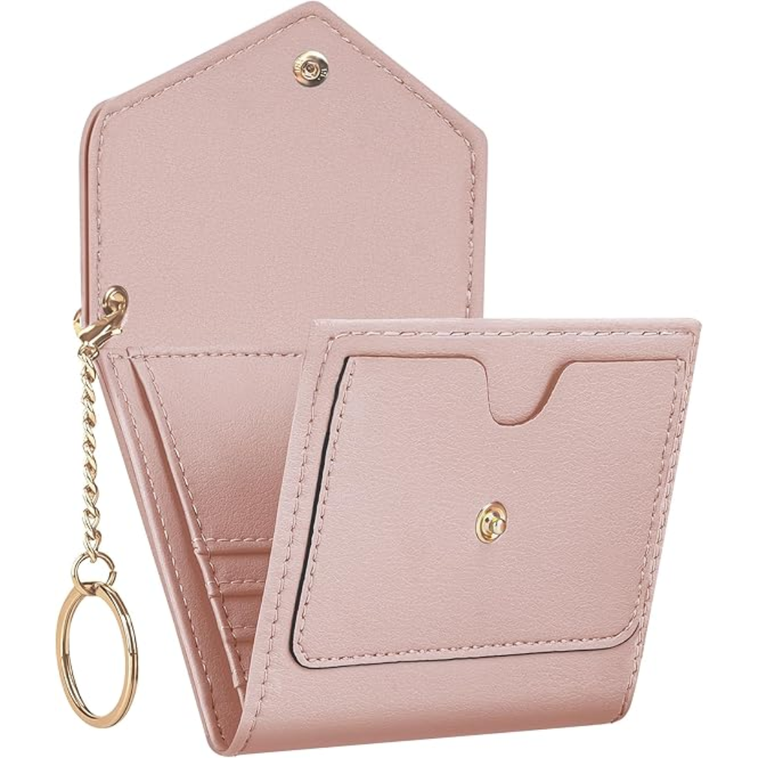 Rosa Leder-Geldbörse mit Schlüsselanhänger, kompakt, stilvoll, Damen-Accessoire.