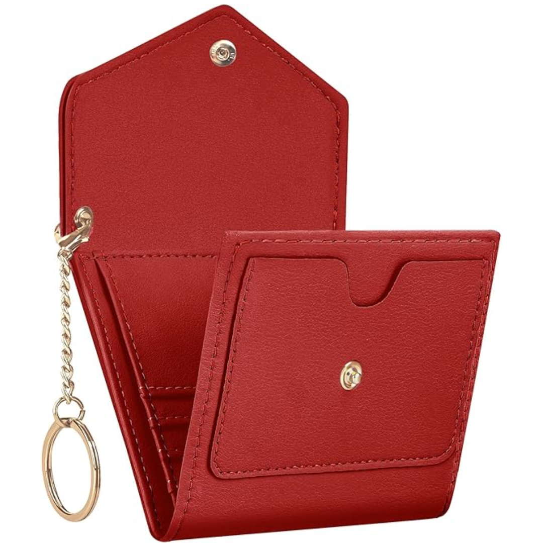 Rote Leder-Geldbörse mit Kettenanhänger, elegantes Design, Damen-Accessoire.