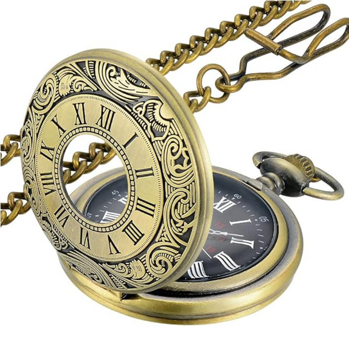 Antike Taschenuhr aus Messing mit Kette, römische Ziffern, Vintage-Design, Retro-Stil.