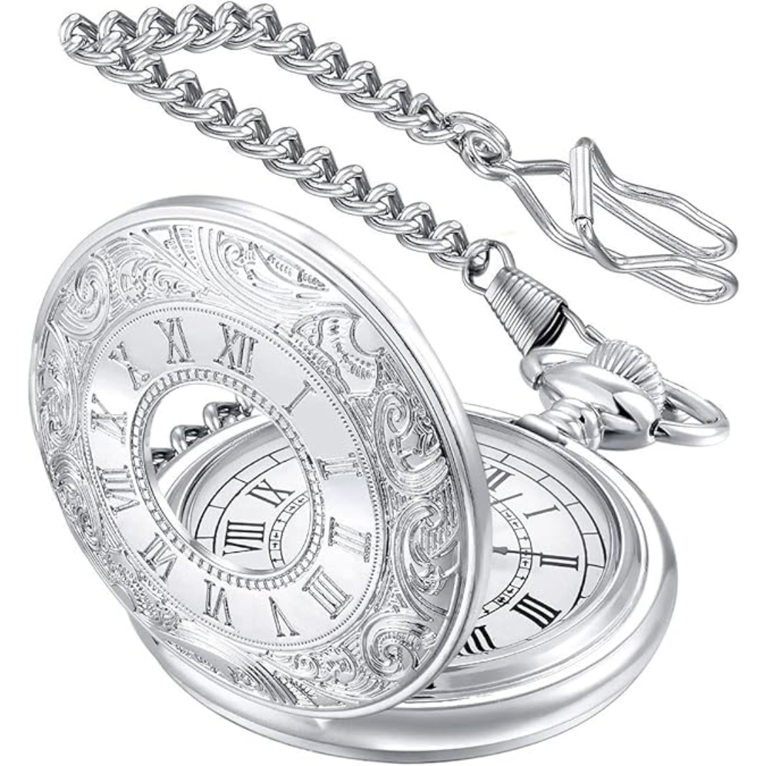 Silberne Taschenuhr mit Kette, römische Ziffern, Vintage-Design, Herren Accessoire.