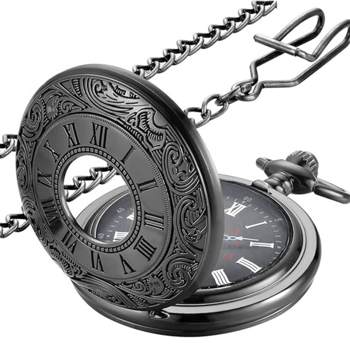 Antike Taschenuhr aus Metall mit Kette, römische Ziffern, Vintage-Design, schwarz-silber.