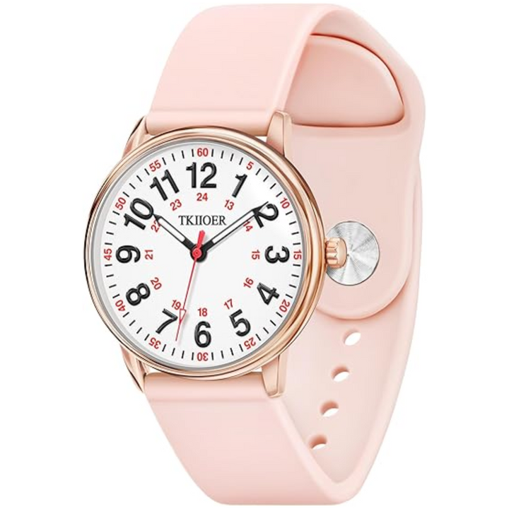 Rosa Armbanduhr mit weißem Zifferblatt, arabische Ziffern, Silikonarmband, Damenmode-Uhr.