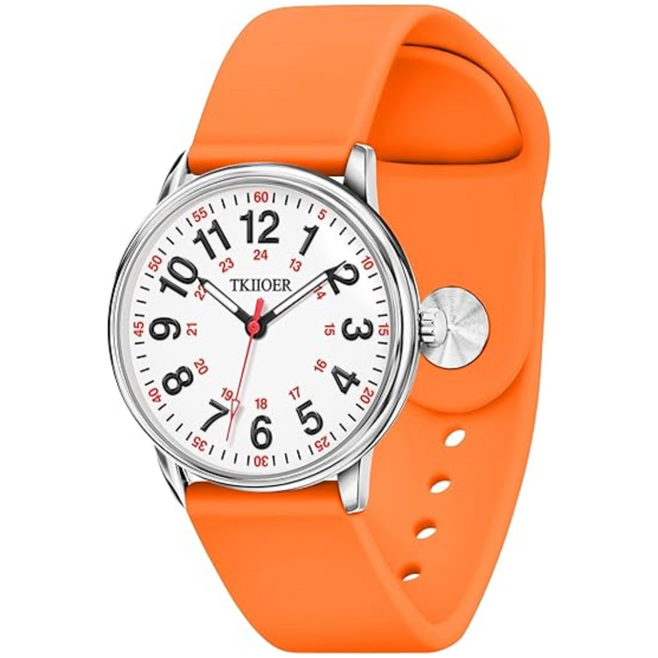 Orange Armbanduhr mit weißem Zifferblatt, Edelstahlgehäuse, Silikonarmband, Herrenuhr.