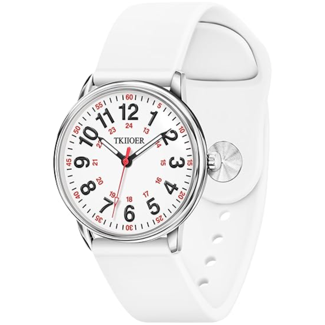 Weiße Armbanduhr mit Silikonarmband, runden Zifferblatt, arabischen Ziffern, Edelstahlgehäuse.