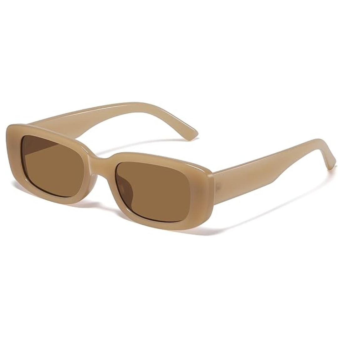 Beige rechteckige Sonnenbrille, Kunststoff, UV-Schutz, modisches Accessoire, Unisex-Design.