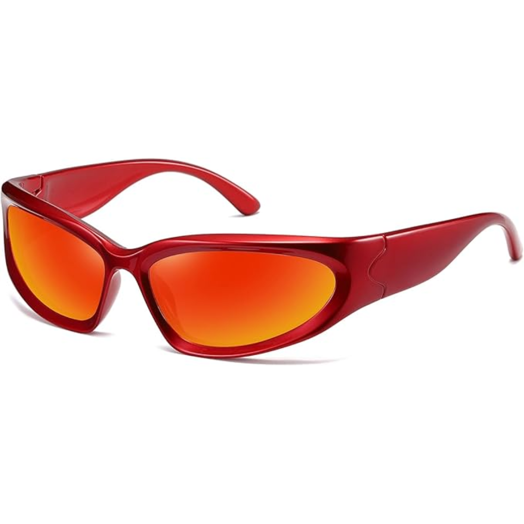 Rote Sonnenbrille mit orangefarbenen Gläsern, modisches Accessoire, UV-Schutz.