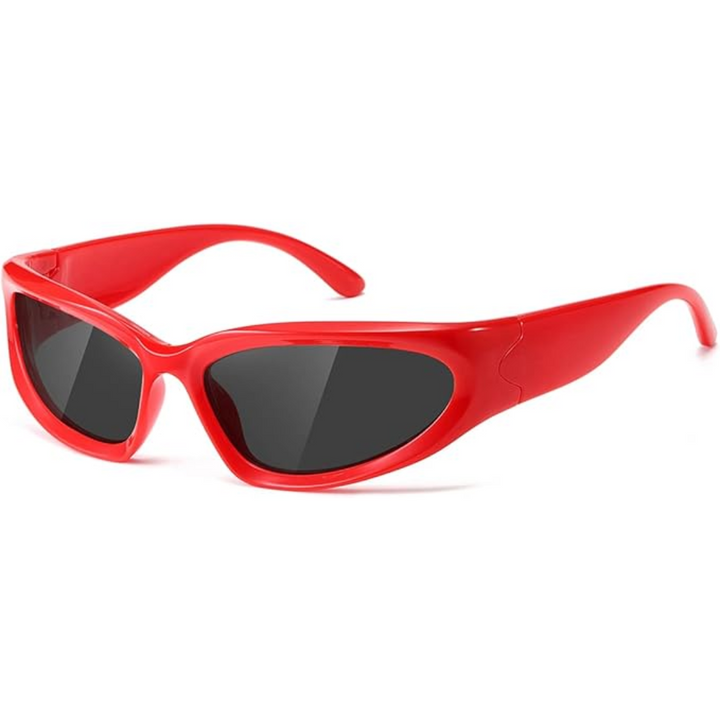 Rote Sonnenbrille, schmale ovale Gläser, modisches Accessoire, UV-Schutz, Kunststoffgestell.