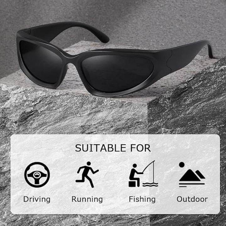 Schwarze Sportsonnenbrille auf Stein, ideal für Autofahren, Laufen, Angeln, Outdoor-Aktivitäten.