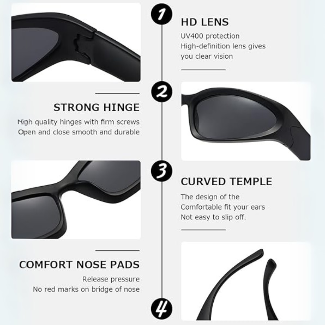 Schwarze Sonnenbrille mit UV400-Schutz, starken Scharnieren, gebogenen Bügeln, Komfort-Nasenpads.