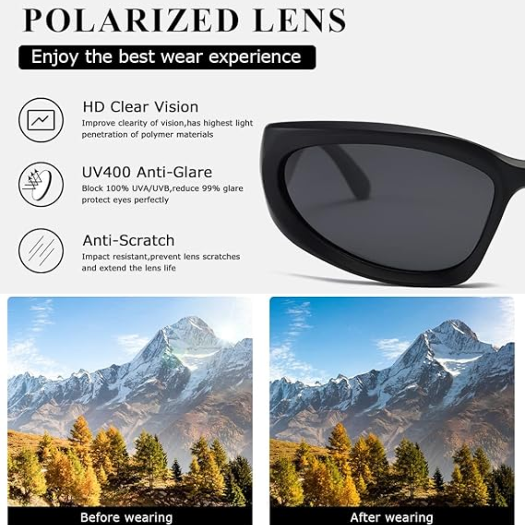 Polarisierte Sonnenbrille, UV400 Schutz, kratzfest, klare Sicht, Berglandschaft Hintergrund.