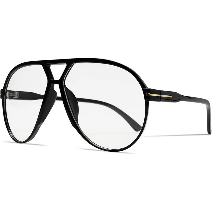 Schwarze Pilotenbrille mit klaren Gläsern, modisches Accessoire, Unisex-Design.