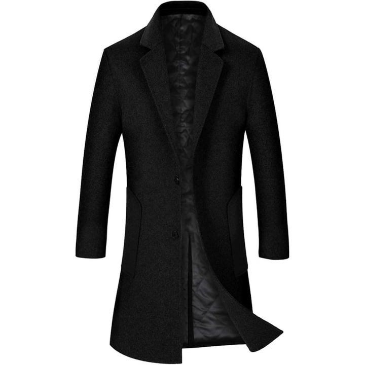 Schwarzer Herrenmantel, Wollmischung, elegantes Design, Wintermode, Knopfverschluss.